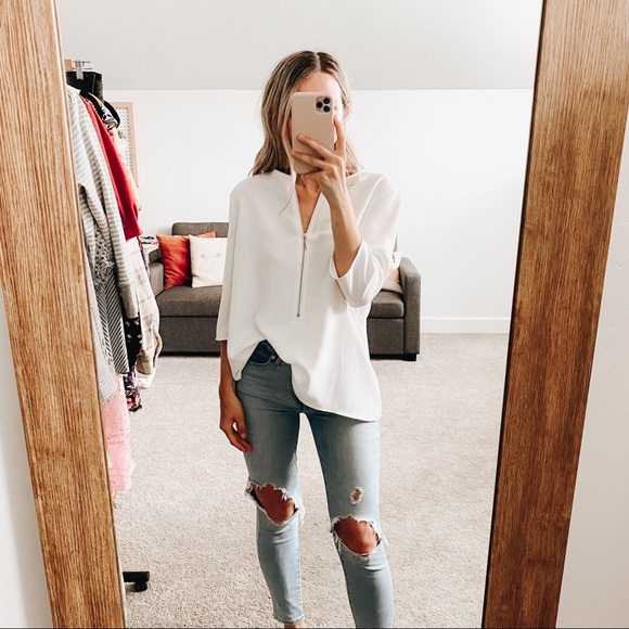 Zara Tops - ZARA | White Zipper Front Lightweight Blouse